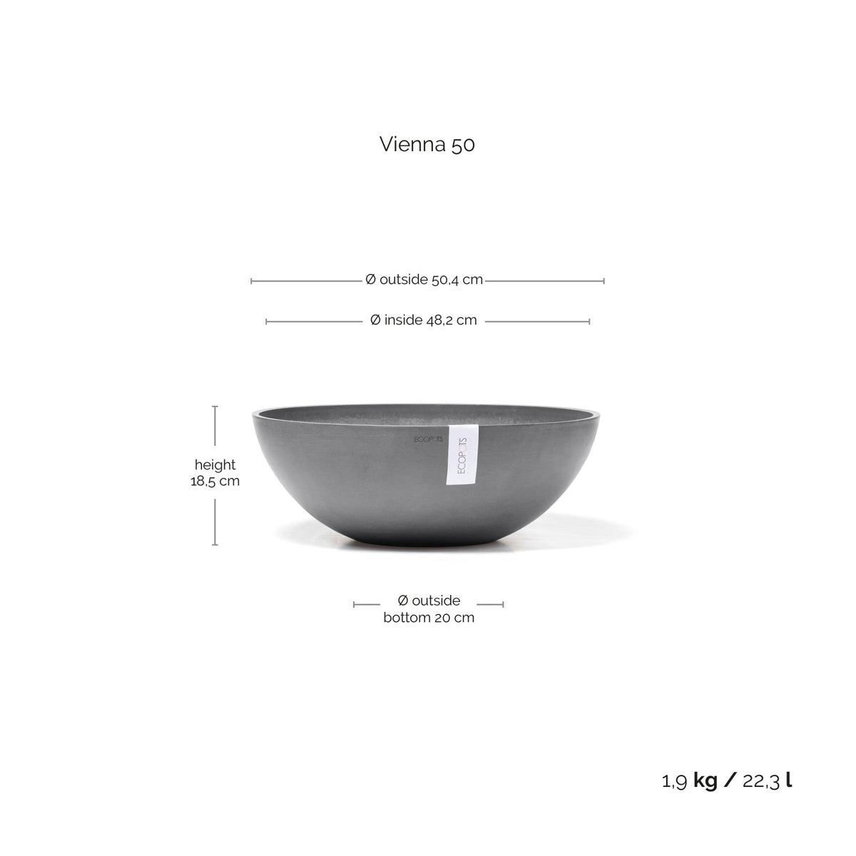 Kukkaruukku Vienna 50cm harmaa – mittapiirros