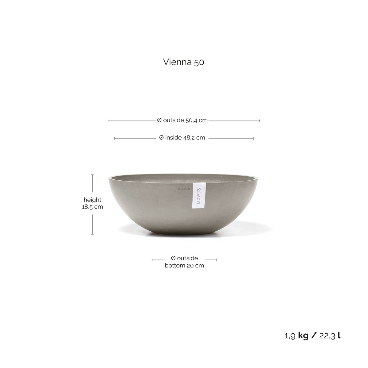 Kukkaruukku Vienna 50cm taupe – mittapiirros