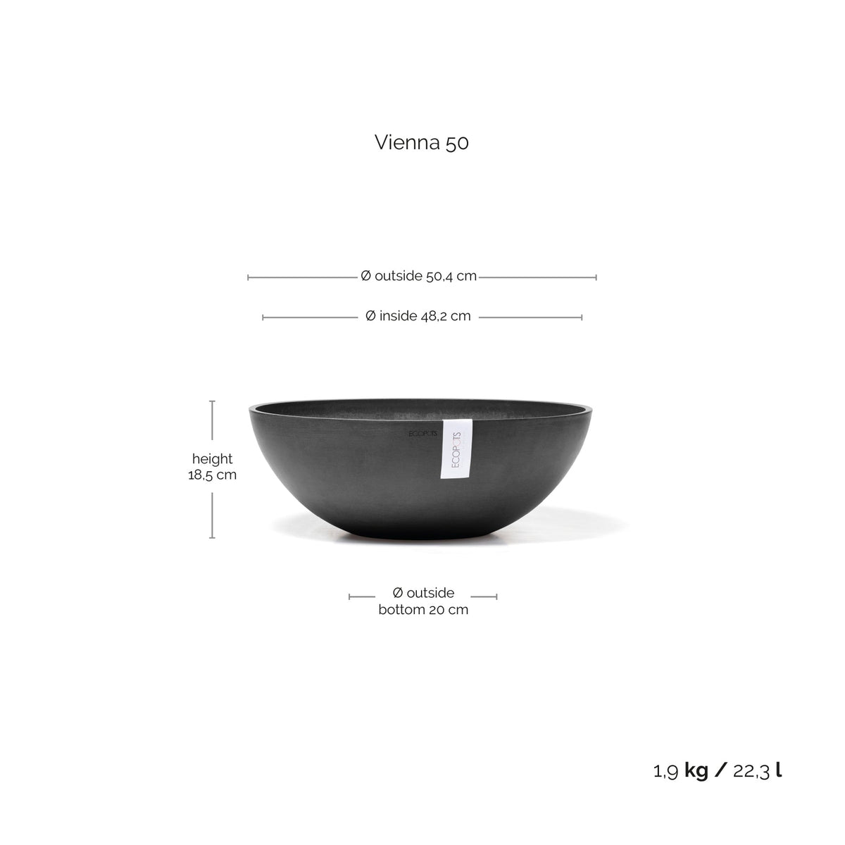 Kukkaruukku Vienna 50cm tummanharmaa – mittapiirros