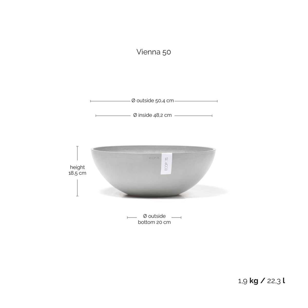 Kukkaruukku Vienna 50cm valkoharmaa – mittapiirros