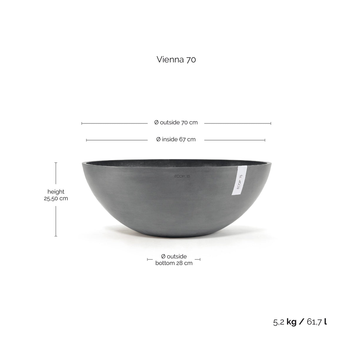 Kukkaruukku Vienna 70cm harmaa – mittapiirros