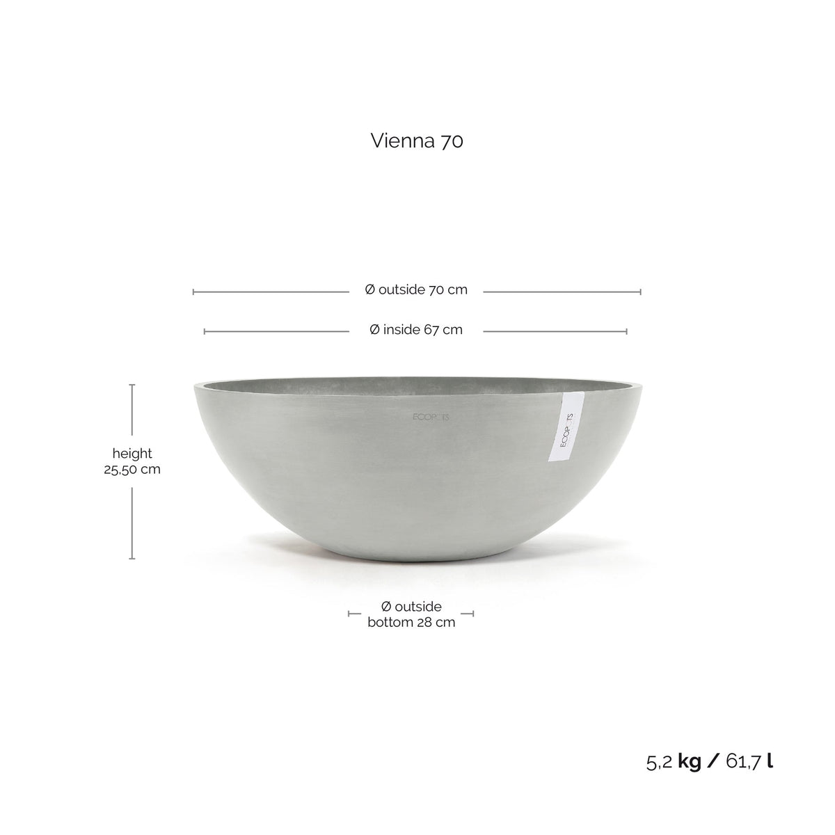 Kukkaruukku Vienna 70cm valkoharmaa – mittapiirros