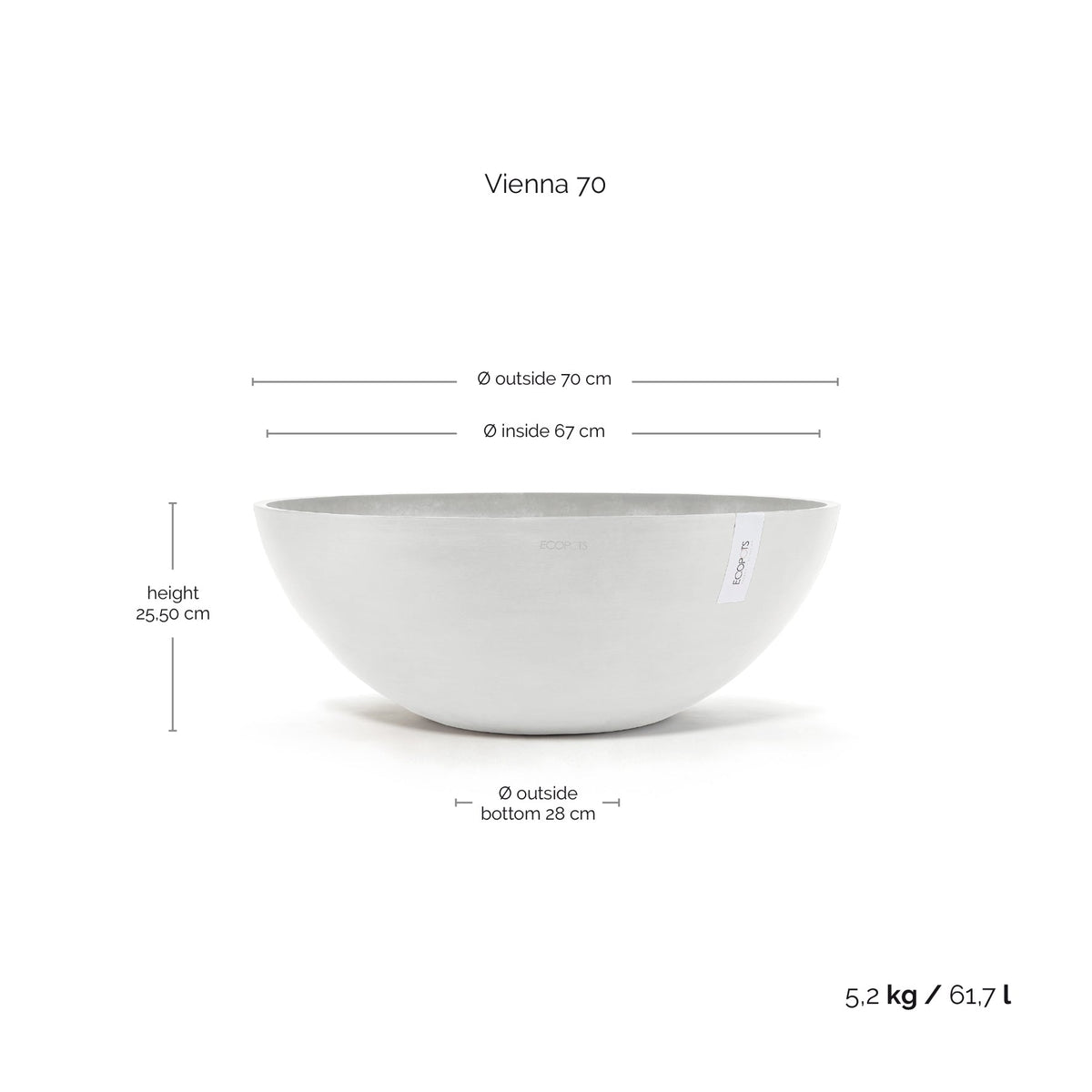 Kukkaruukku Vienna 70cm valkoinen – mittapiirros