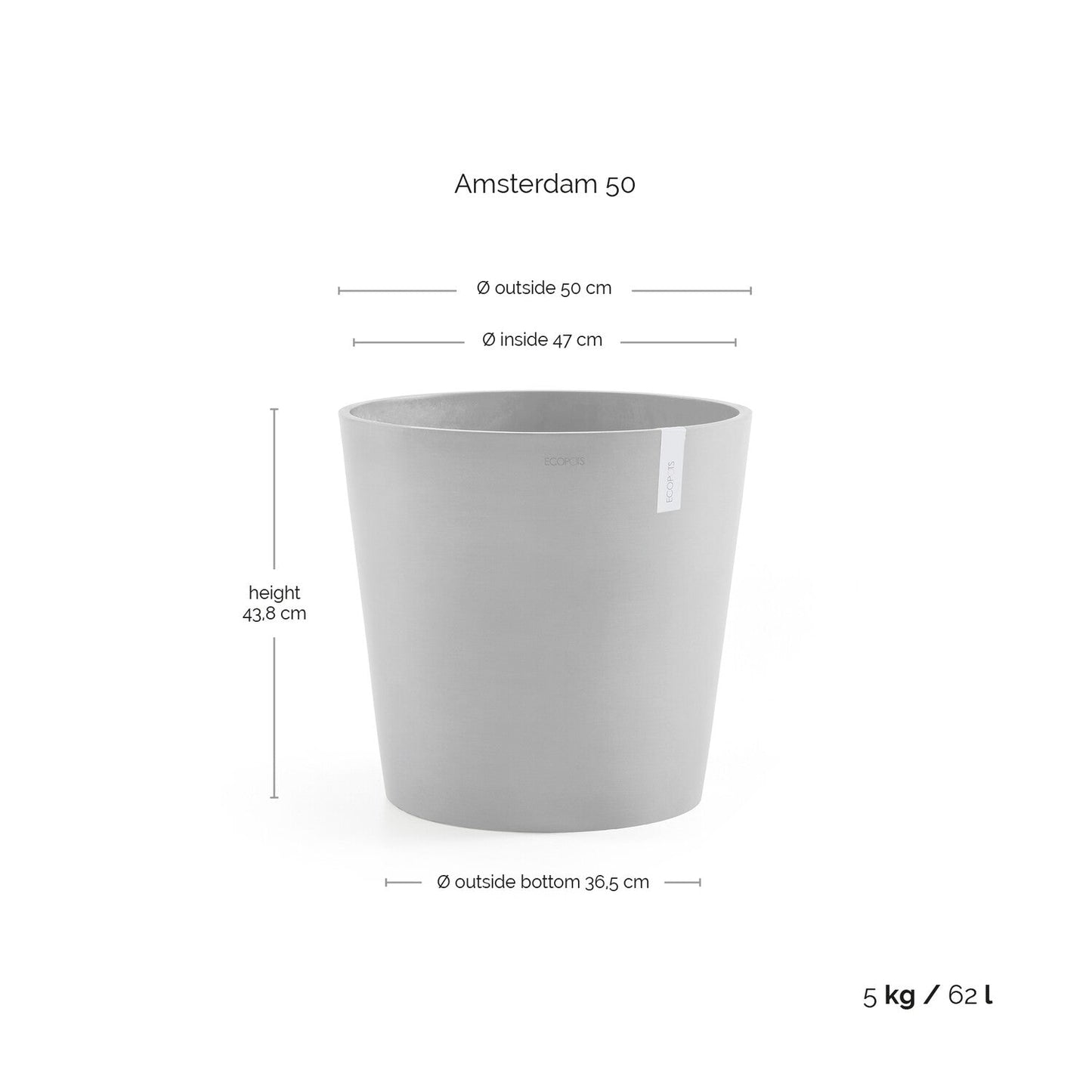 Kukkaruukku - Ecopots - Amsterdam 50cm valkoharmaa - Ecopotskauppa - Uuden aikakauden kukkaruukku