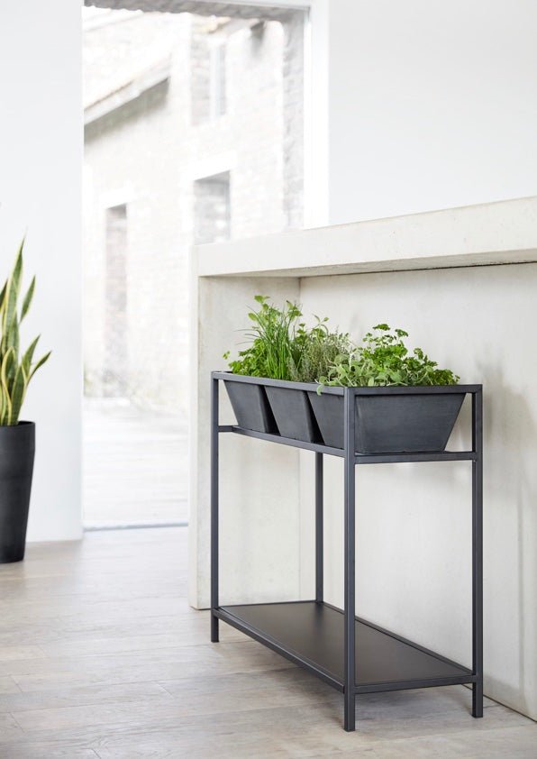 Kukkaruukku - Ecopots - Berliini yrttipöytä musta runko & harmaat ruukut - Ecopotskauppa - Uuden aikakauden kukkaruukku