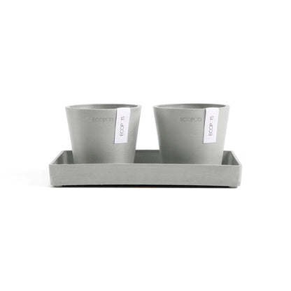 Kukkaruukku - Ecopots - Kukkaruukku Amsterdam 10,5cm 2kpl & esillepanotarjotin 25cm valkoharmaa - Ecopots - Uuden aikakauden kukkaruukku kierrätysmateriaalista