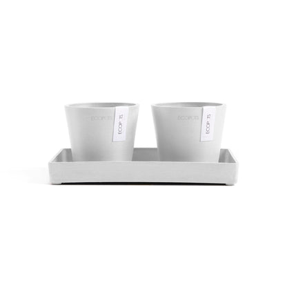 Kukkaruukku - Ecopots - Kukkaruukku Amsterdam 10,5cm 2kpl & esillepanotarjotin 25cm valkoinen - Ecopots - Uuden aikakauden kukkaruukku kierrätysmateriaalista