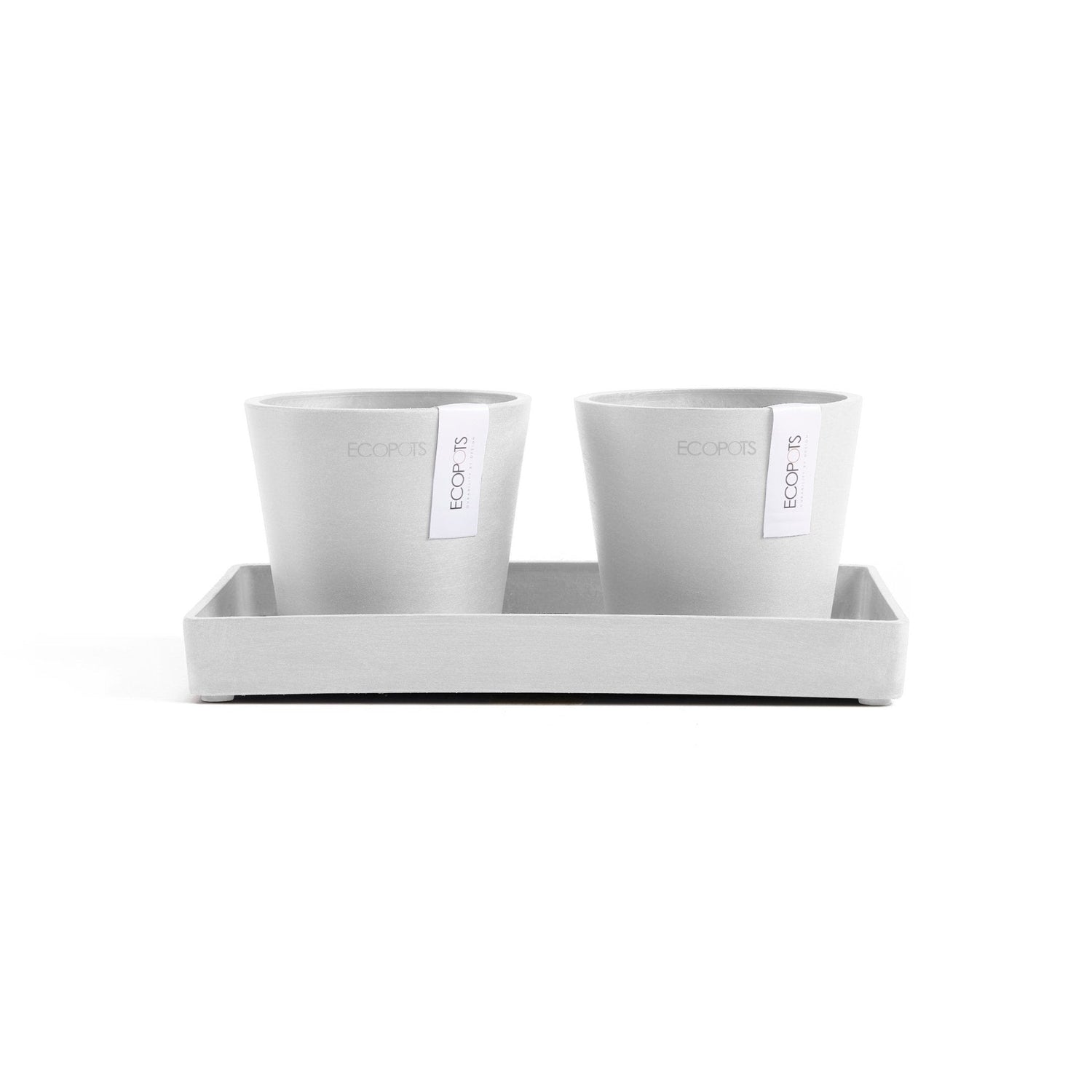 Kukkaruukku - Ecopots - Kukkaruukku Amsterdam 10,5cm 2kpl & esillepanotarjotin 25cm valkoinen - Ecopots - Uuden aikakauden kukkaruukku kierrätysmateriaalista