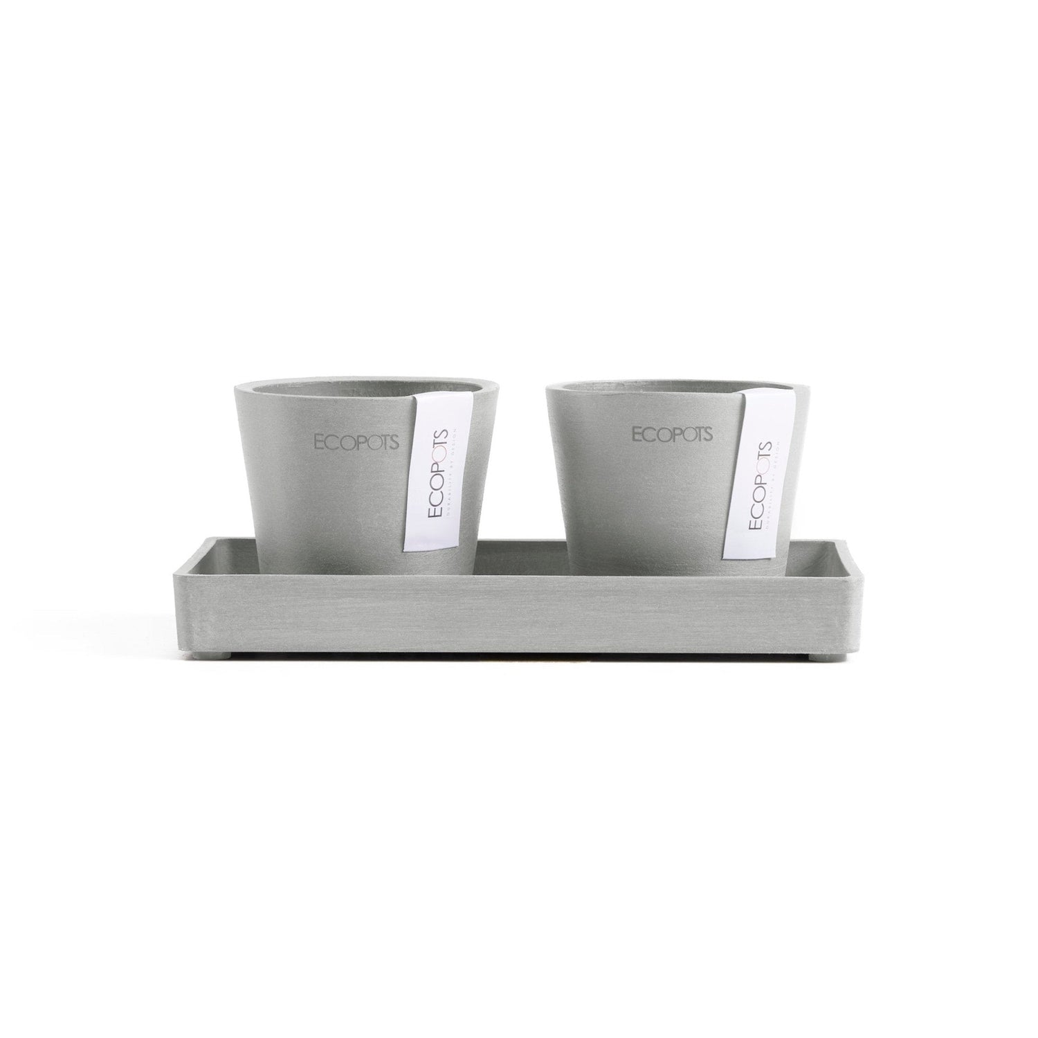 Kukkaruukku - Ecopots - Kukkaruukku Amsterdam 8cm 2kpl & esillepanotarjotin 20cm valkoharmaa - Ecopots - Uuden aikakauden kukkaruukku kierrätysmateriaalista