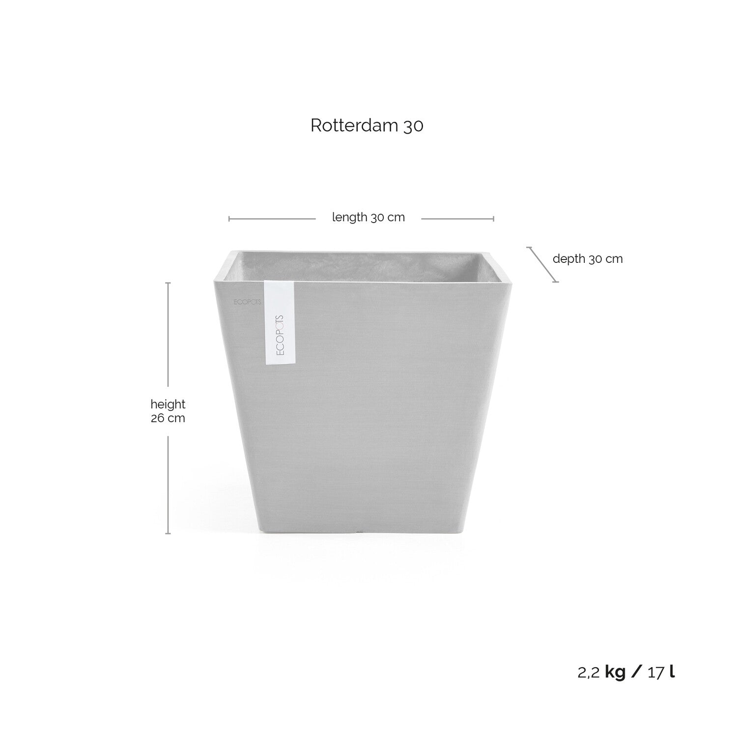 Kukkaruukku - Ecopots - Rotterdam 30cm valkoharmaa - Ecopotskauppa - Uuden aikakauden kukkaruukku