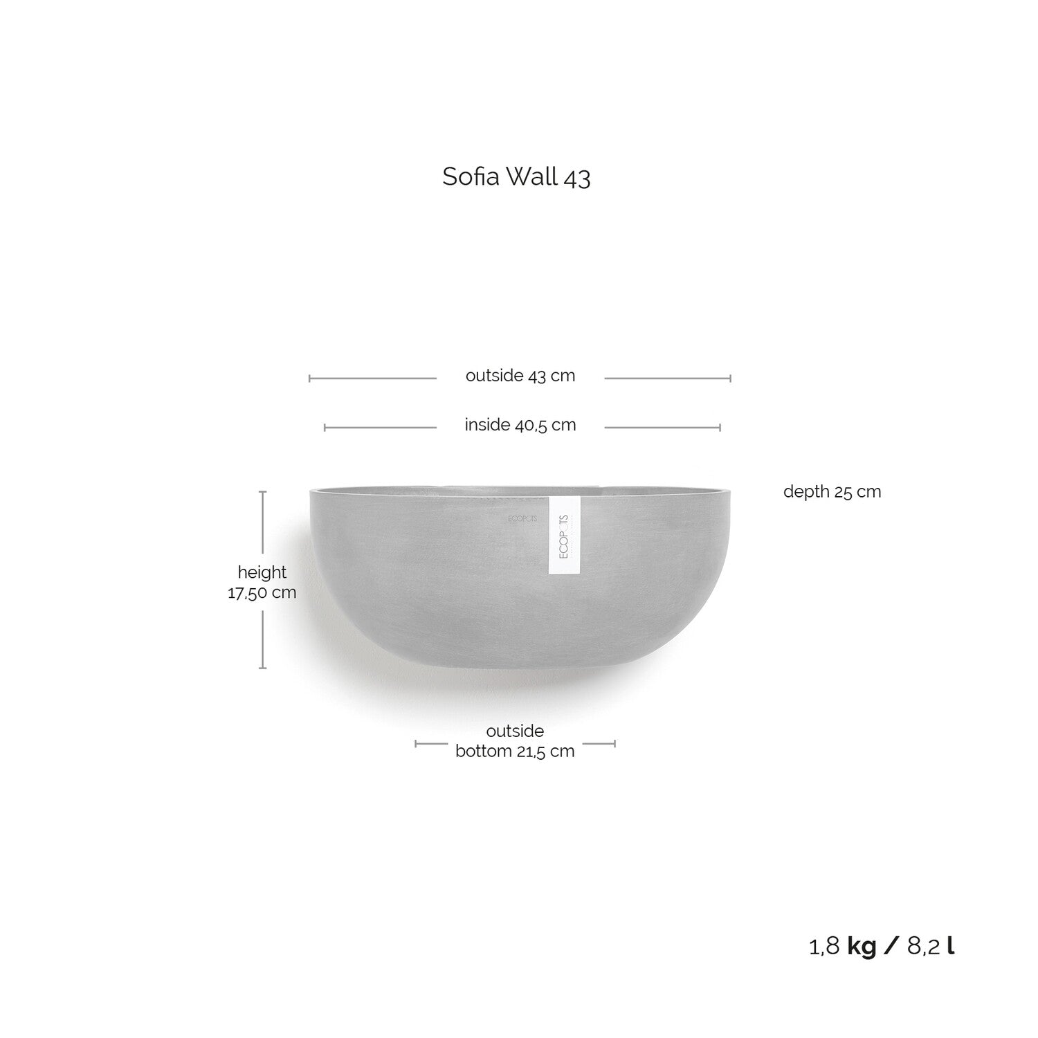 Kukkaruukku - Ecopots - Sofia seinä 43cm siniharmaa - Ecopotskauppa - Uuden aikakauden kukkaruukku
