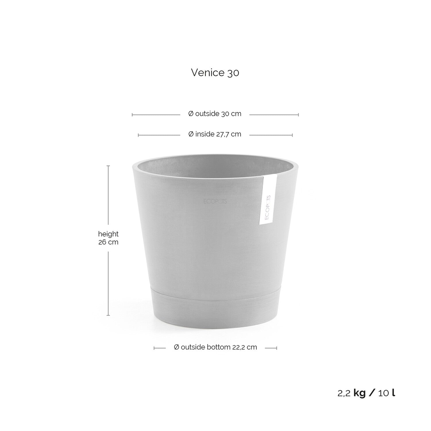 Kukkaruukku - Ecopots - Venetsia 30cm valkoharmaa - Ecopotskauppa - Uuden aikakauden kukkaruukku